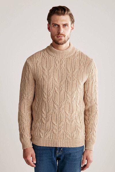 Hemington Hair Braid Pattern Camel Merino Wool Sweater
