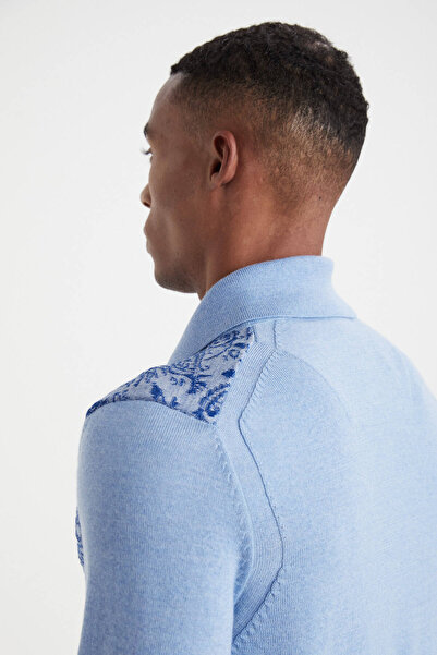 Hemington Şal Desen Gök Mavisi Merino Yün Triko