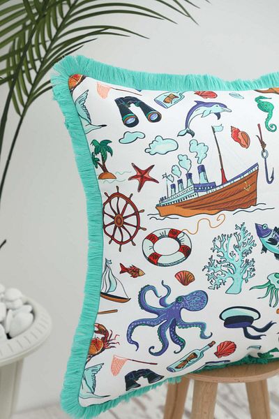 Aisha's Design غطاء وسادة بحواف مهدبة بنمط البحر الملون - 45x45 سم، k-407