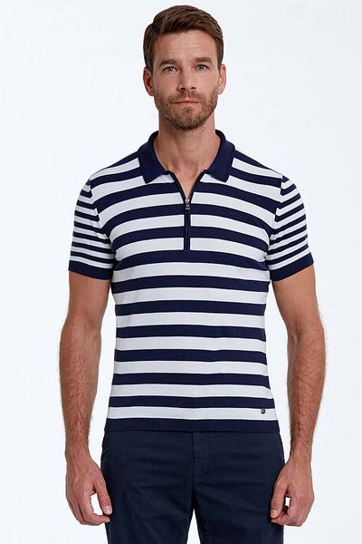 Hemington Navy Blue Striped Pure Cotton Knitwear Polo with Zipper Detail