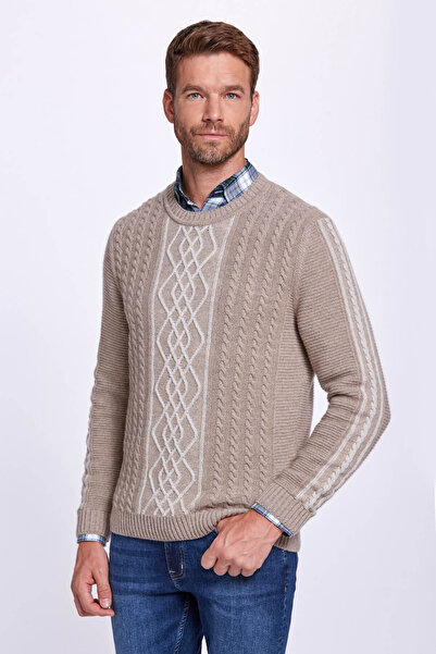 Hemington Saç Örgü Desen Camel Saf Kaşmir Kazak