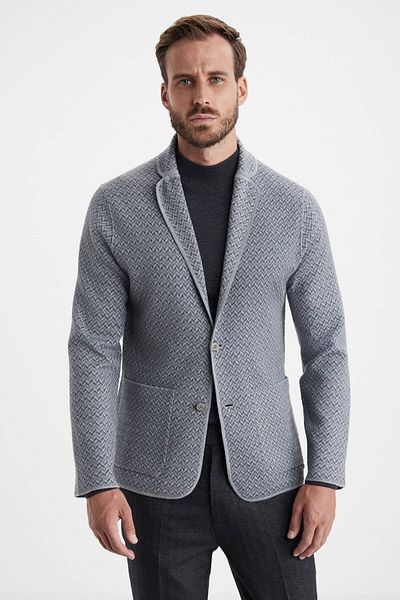 Hemington Herringbone Pattern Two-Way Light Gray Merino Wool Knitwear Jacket