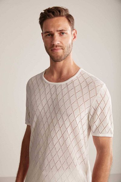Hemington Baklava Pattern Linen Cotton Blend White Knitwear T-Shirt