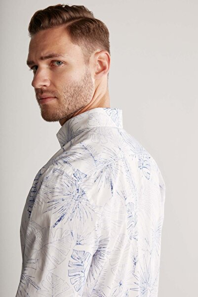 Hemington Patterned Linen Cotton Blended White Sports Shirt