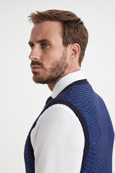 Hemington Çizgi Desen Lacivert Lambswool Yün Triko Süveter