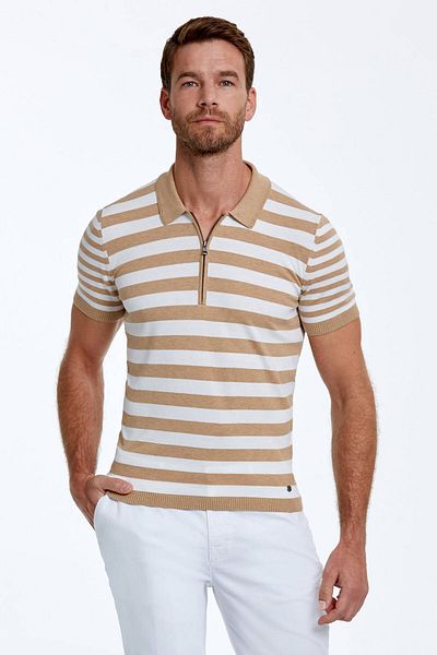 Hemington Zipper Detailed Beige Striped Pure Cotton Knitwear Polo