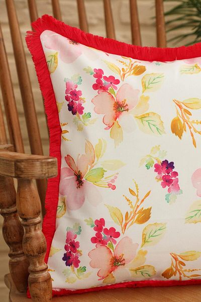 Aisha's Design Pink Fuchsia Floral Patterned Throw Pillow Cover - Fringed Edge, 45X45 Cm, K-407