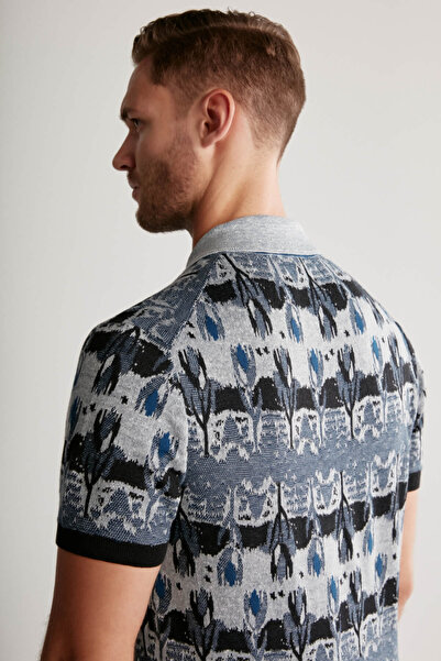 Hemington Flower Pattern Linen Cotton Navy Blue Knitwear Polo