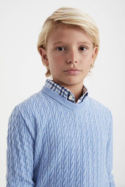 Hemington Saç Örgü Desenli Lambswool Buz Mavisi Çocuk Kazak