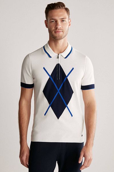 Hemington Patterned Zipper Detailed White Knitwear Polo