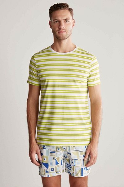 Hemington White Green Striped Crew Neck Pure Cotton T-Shirt