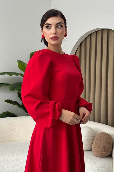 barış sülün lovebox Women's Atlas Fabric Crew Neck Long Sleeve Red Midi Flared Evening Dress 280