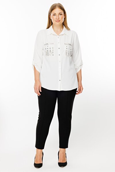 Moda İlgi Modailgi  Cepleri Taşlı Gömlek Ekru