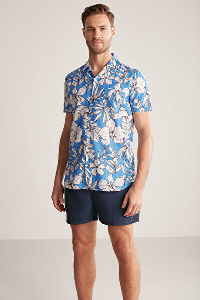 Hemington Flower Pattern Linen Cotton Blend Blue Shirt