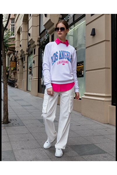 Barato Hanorac alb cu imprimeu supradimensionat din bumbac