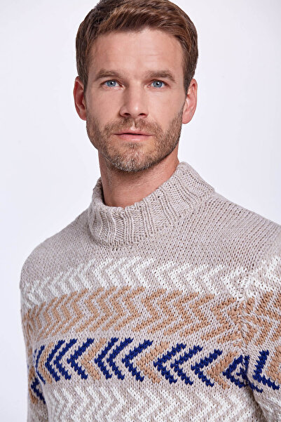 Hemington Line Pattern Half-Thigh Sand Color Merino Wool Sweater
