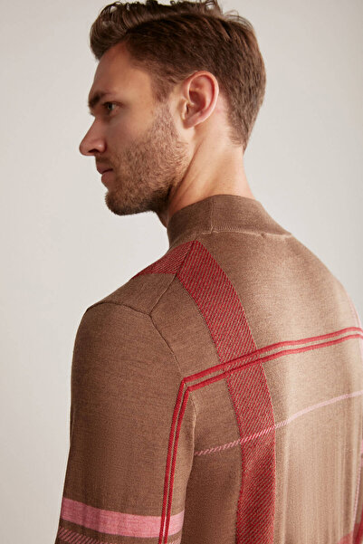 Hemington Çizgi Desen Yarım Balıkçı Yaka Tütün Rengi Merino Yün Triko