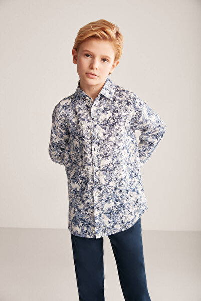 Hemington Floral Pattern White-Blue Pure Linen Children's Shirt