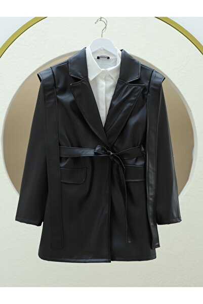 Modamorfo Belted Leather Jacket with Shoulder and Pocket Detail - Black