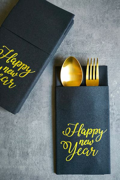 NapkinStore Happy New Year Printed Airlaid Fabric Napkin Pocket 12 Pieces 40*40 1/8 Fold
