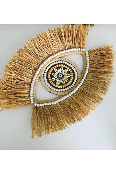 Emek Beyaz Ahsap Boncuk Detayli Rafya Pano Duvar Süsü Duvardekorasyonu Hasirayna