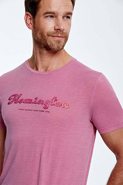 Hemington Embroidery Logo Crew Neck Pink Cotton T-Shirt