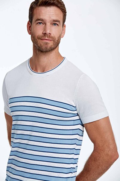 Hemington Mavi Çizgi Desen Bisiklet Yaka Beyaz Triko T-Shirt