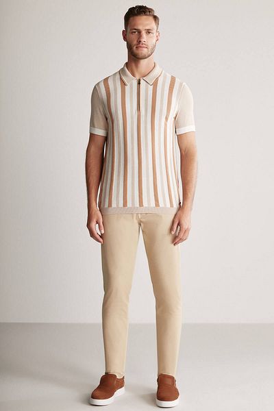Hemington Zipper Detailed Line Pattern Cream Color Knitwear Polo