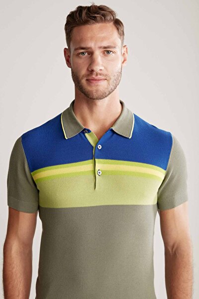 Hemington Çizgi Desen Haki Triko Polo