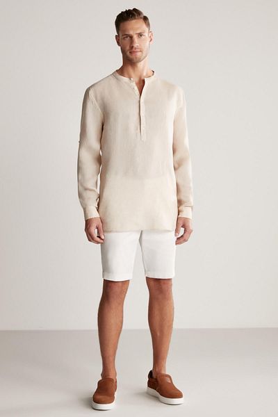 Hemington Pure Linen Sand Color Judge Collar Shirt