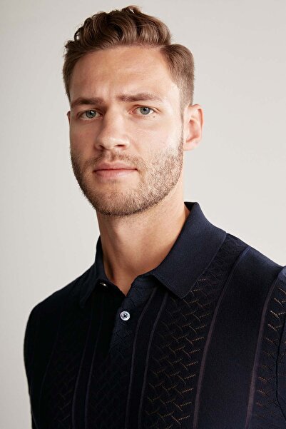 Hemington Navy Blue Knitwear Polo with Openwork Knit Detail