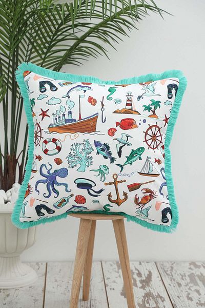 Aisha's Design غطاء وسادة بحواف مهدبة بنمط البحر الملون - 45x45 سم، k-407