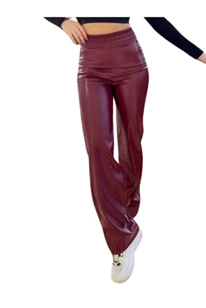 GNG Kadın beli lastikli bol paça deri pantolon