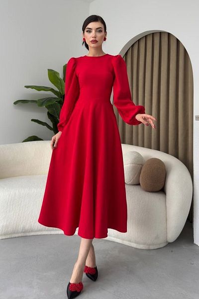 barış sülün lovebox Women's Atlas Fabric Crew Neck Long Sleeve Red Midi Flared Evening Dress 280