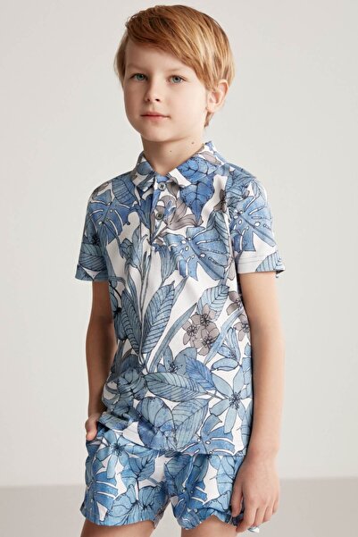Hemington Flower Pattern Blue Polo Neck Children's T-Shirt