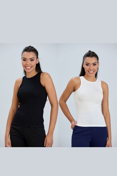 Kadın Fitilli Görünümlü Halter Yaka Basic 2'li Set Siyah - Beyaz Atlet