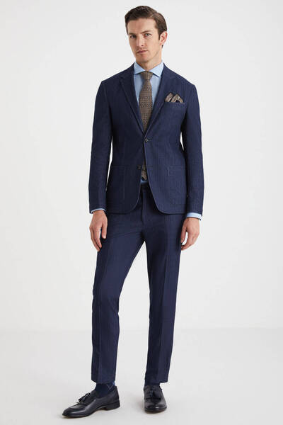 Hemington Çizgi Desenli İpek Karışım Lacivert-Bej Örgü Mendil