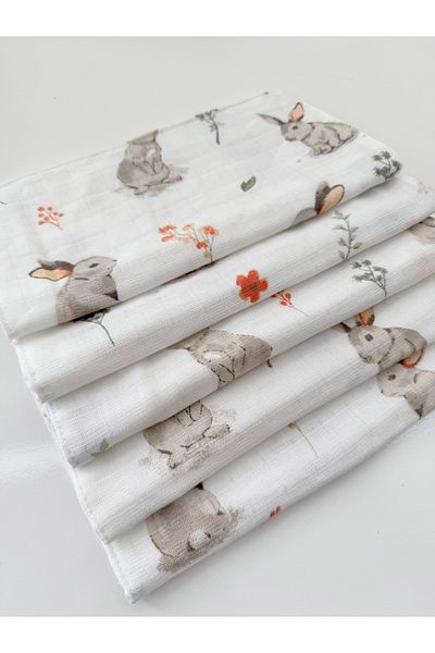 Jaju Baby Rabbit 5 Pieces 100% Organic Cotton - Double Layer Muslin Shoulder Cover, Mouth and Back Handkerchief