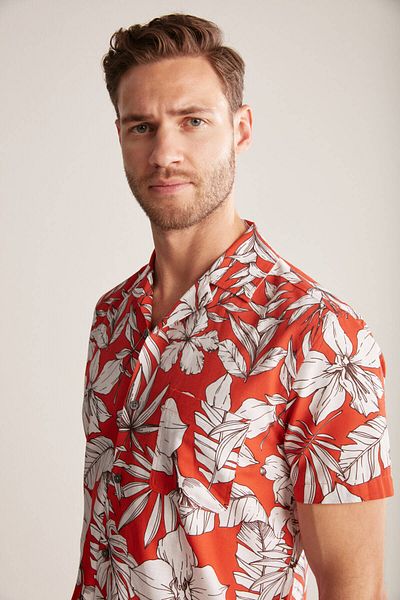 Hemington Flower Pattern Linen Cotton Blend Red Shirt