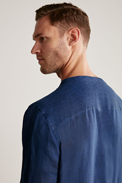 Hemington Pure Linen Navy Blue Judge Collar Shirt