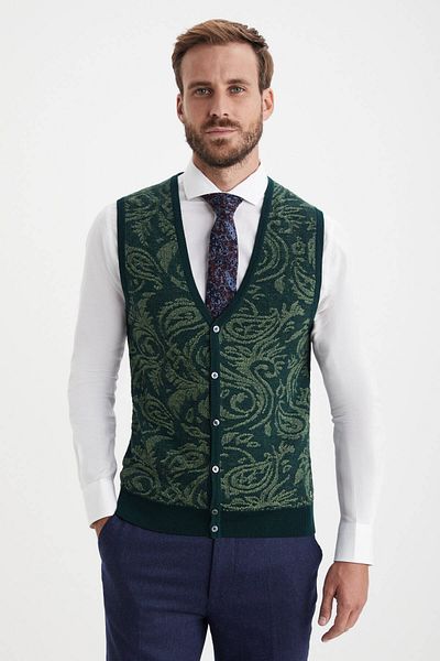 Hemington Shawl Pattern Dark Green Merino Wool Knitwear Vest