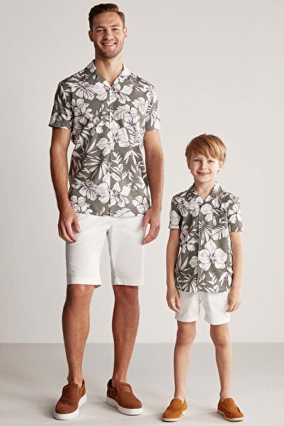 Hemington Flower Pattern Linen Cotton Blend Khaki Kids Shirt