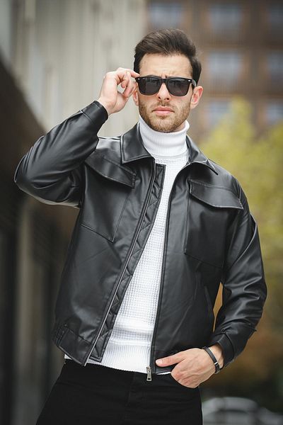 Oksit Ανδρικό δερμάτινο μπουφάν Arsenio Double Pocket Covered Oversize