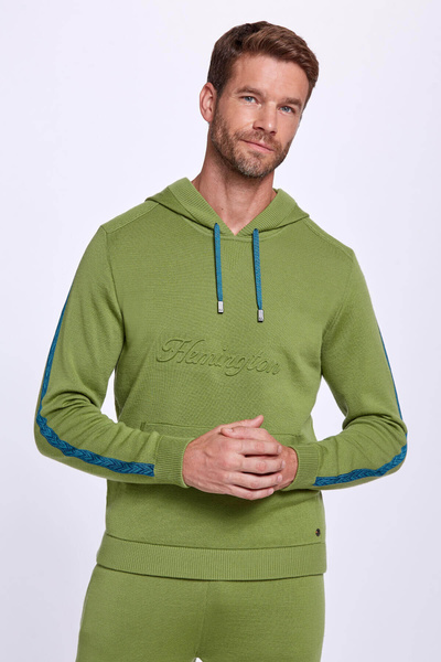 Hemington Şerit Detaylı Logolu Kapüşonlu Yeşil Triko Hoody