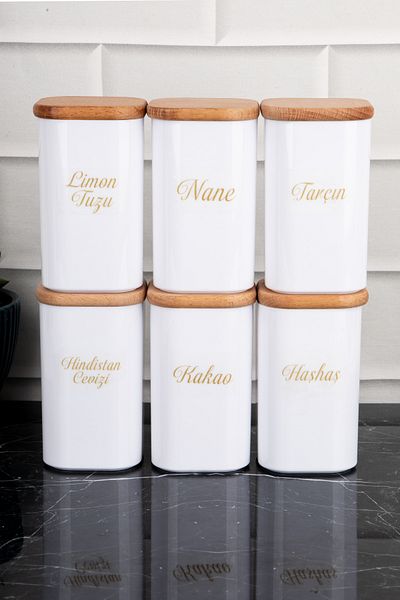 DNS HOME 6-Piece Acrylic Spice Rack Set with Bamboo Lid and Porcelain Look - with Sticker Gift