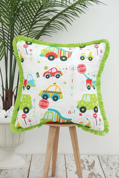 Aisha's Design غطاء وسادة للأطفال بتصميم شاحنات ذات حواف مهدبة مقاس 45 × 45 سم، K-407