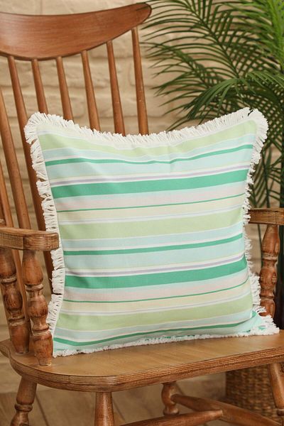 Aisha's Design Mint Vertical Line Patterned Throw Pillow Cover with Fringed Edges 45X45 Cm,K-407