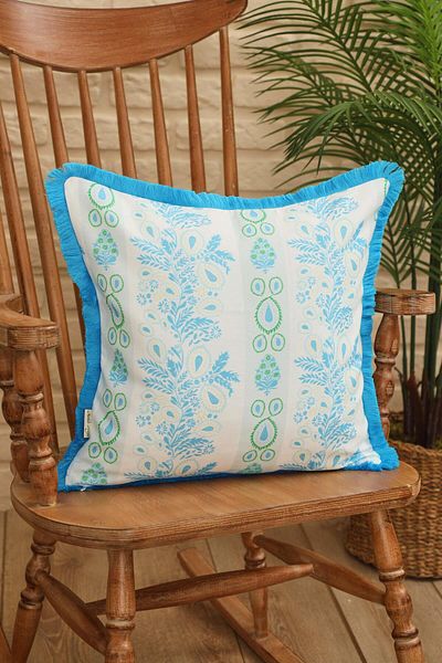 Aisha's Design Ocean Blue Motif Line Patterned Throw Pillow Cover - Fringed Edge, 45X45 Cm, K-407