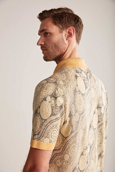 Hemington Keten Karışım Düğme Detaylı Sarı-Siyah Kısa Kol Gömlek