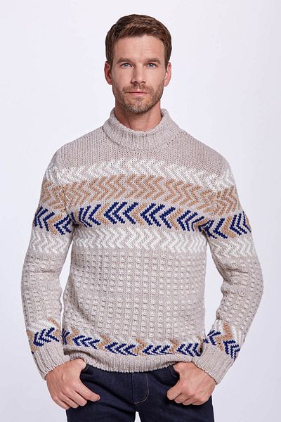 Hemington Line Pattern Half-Thigh Sand Color Merino Wool Sweater